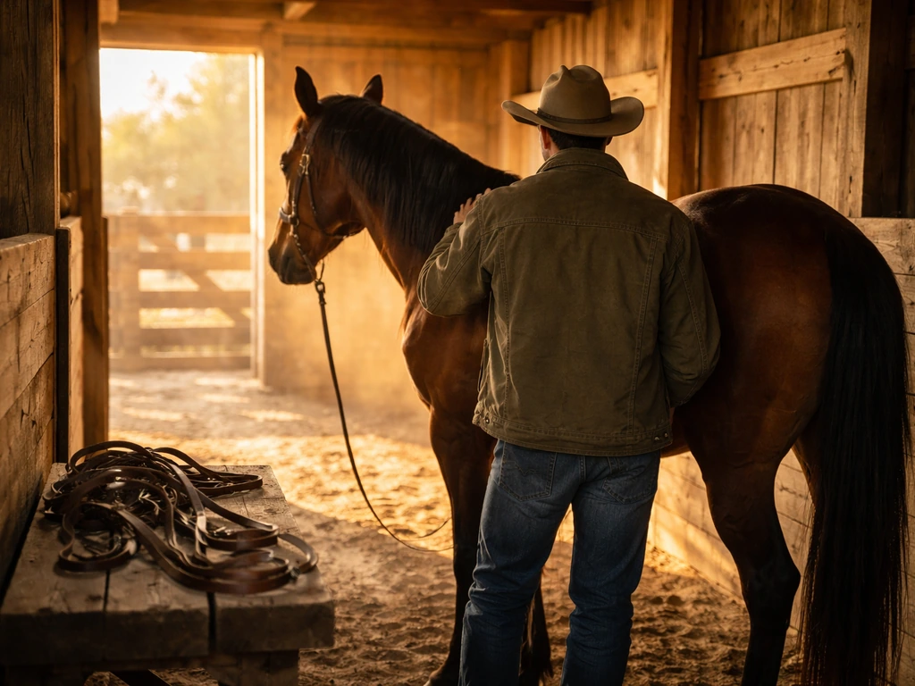 Anonymous ranch horse trainer beside a well-groomed horse inside a quiet rustic barn at sunset.