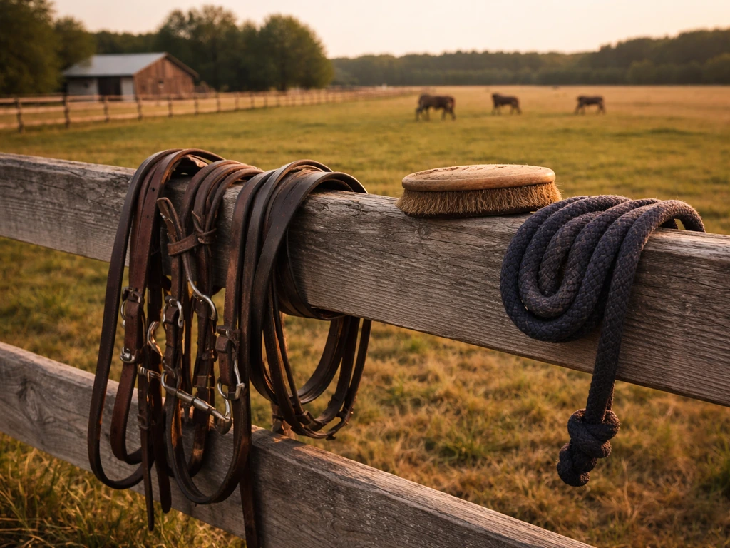Sunlit ranch landscape with horse tack and leather gear laid out, suggesting income from ranching and horse sales.