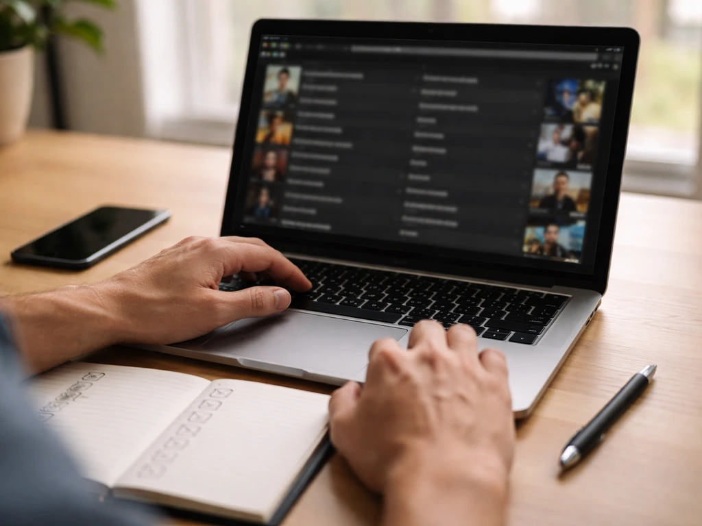 Person verifying online entertainment credits on a laptop with a checklist-style notebook and smartphone.