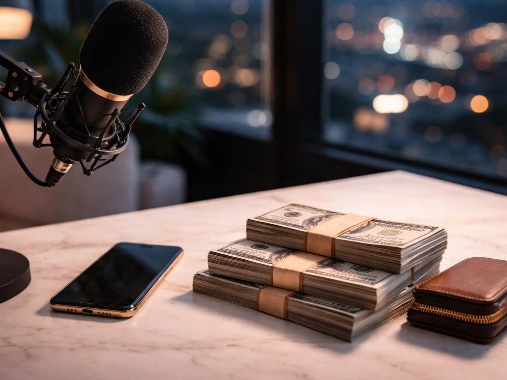 Minimal podcast-style desk scene with a microphone and wallet near cash-like props by a night city window.