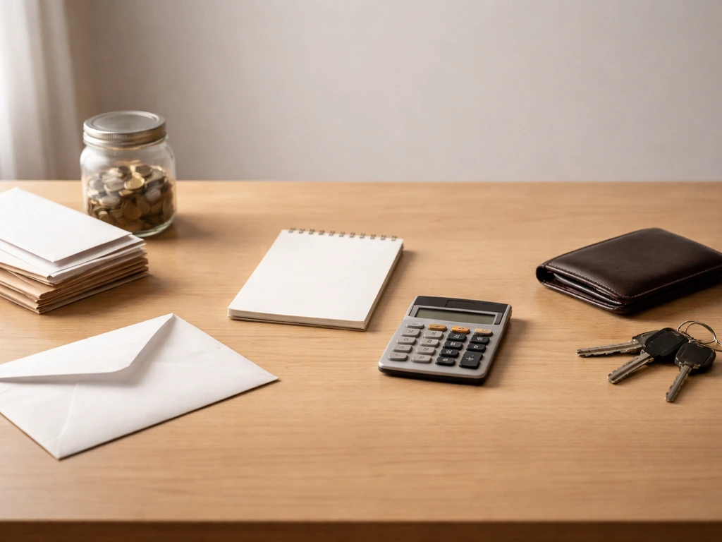 Minimal photo showing a desk with a small calculator and two neat stacks labeled only by placement: assets vs liabilitie