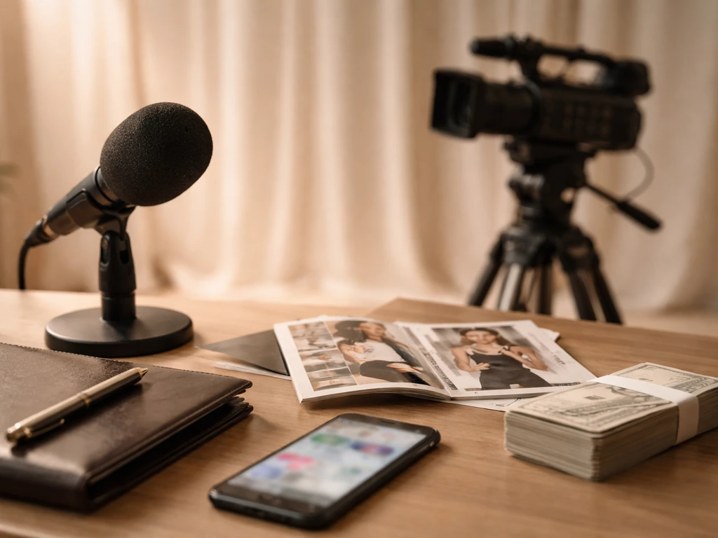 Studio camera, microphone, and a desk with a portfolio and phone cues suggesting diversified media income