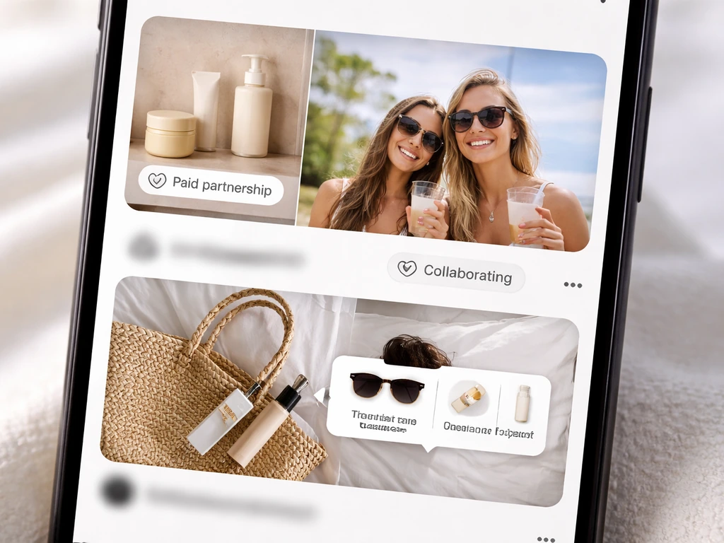 Minimal collage of an anonymous phone screen showing social media brand partnership badges and product tag callouts.