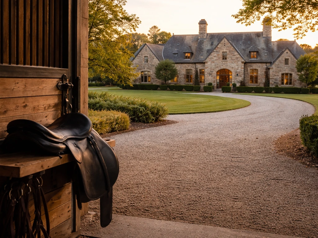 Luxury country estate exterior with an adjacent stable, showing equestrian assets and property wealth.