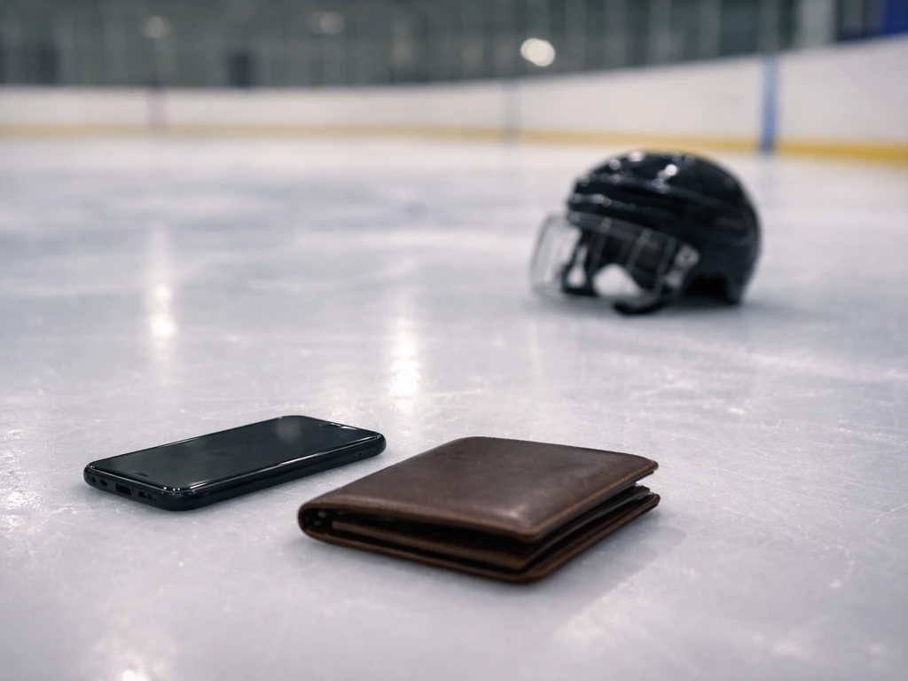 Defocused hockey helmet on an ice rink floor beside a wallet and phone, symbolizing verifying identity and net worth.