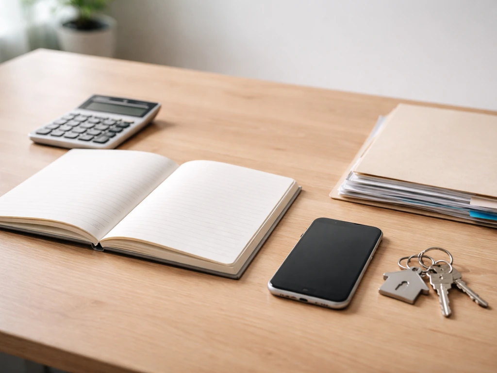 Minimal office desk with calculator, blank notebook, documents, and keys symbolizing net worth estimation steps.