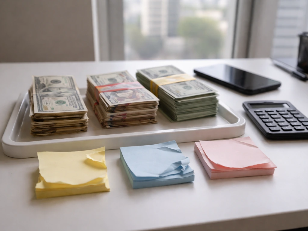 Minimal desk with currency stacks, calculator, and unlabeled notes suggesting different financial estimates.