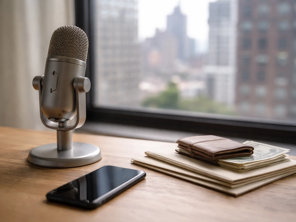 Podcast microphone and smartphone on a studio desk with envelopes and wallet, symbolizing entertainment earnings.