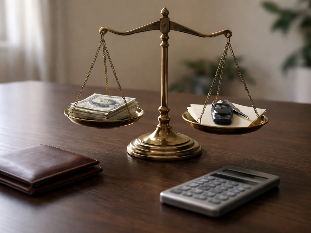 Small balance scale with cash and a keychain beside a closed wallet on a desk