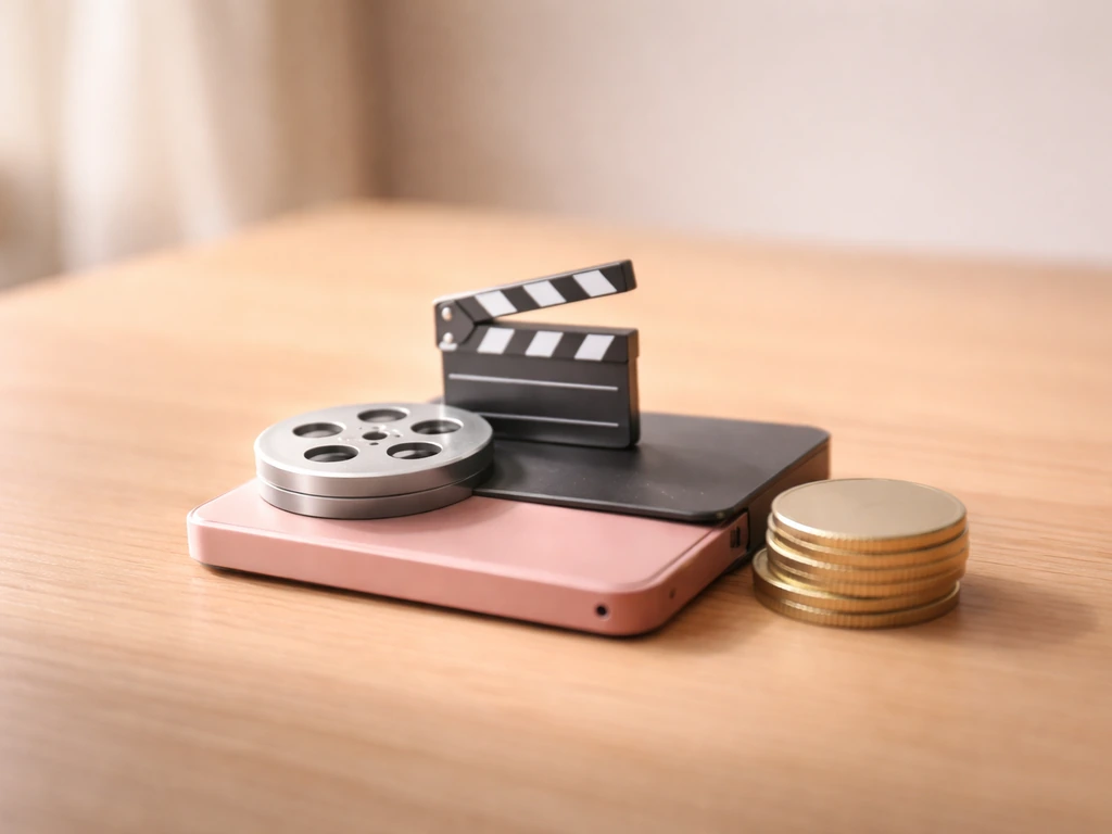 Minimal desk scene with a layered stack of film, streaming, and brand-deal tokens representing an acting income stack.