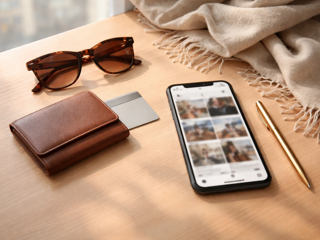 Fashion lifestyle items and a smartphone on a desk, suggesting brand deals and social media sponsorships