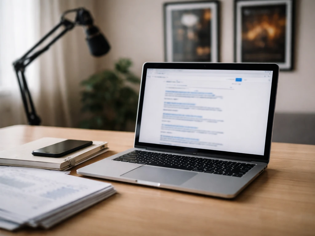 Minimal desk scene with laptop, generic papers, and media recording gear symbolizing verification of an estimate.