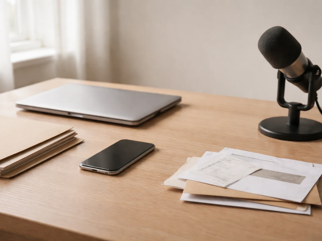 Minimal desk scene showing mixed sources for net worth estimates using everyday media and financial objects