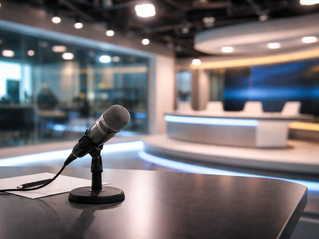 Empty TV studio desk with a microphone, symbolizing reality TV career and earnings.