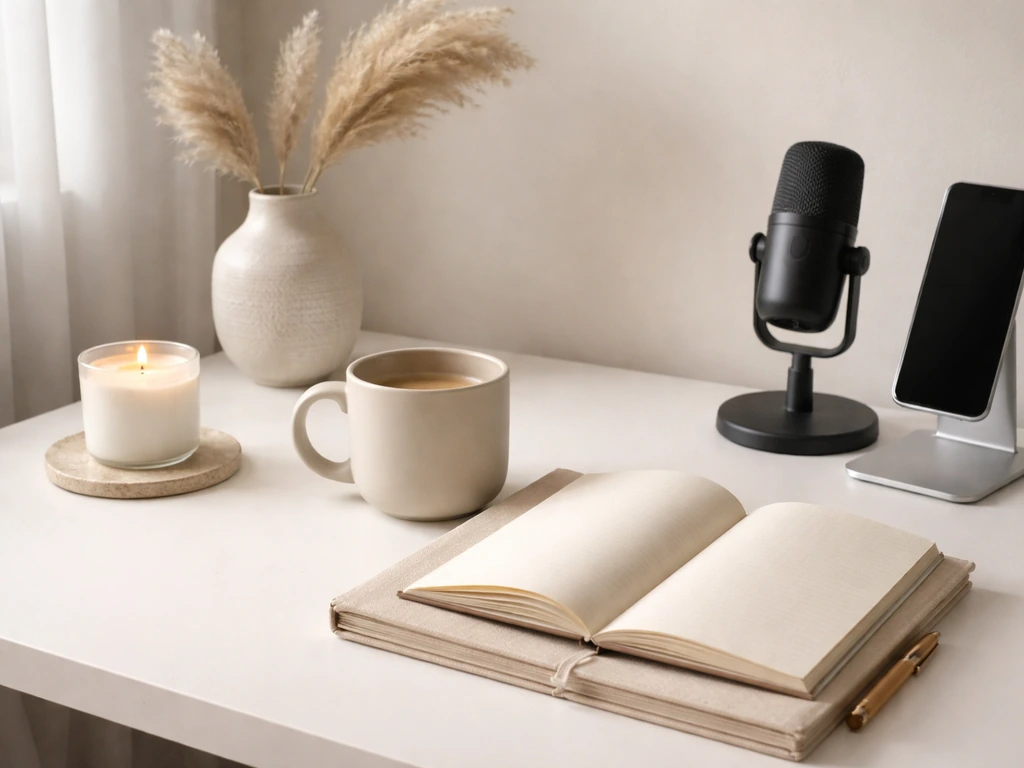 Minimal styled desk with elegant homeware items and a small camera, suggesting a lifestyle brand income stream.