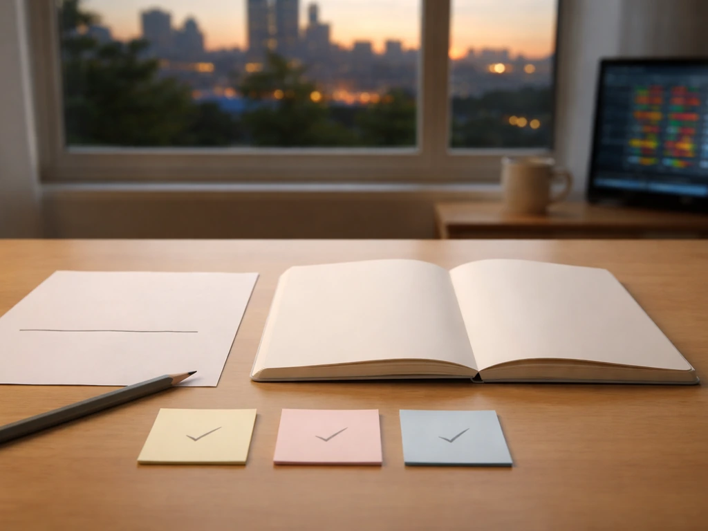 Minimal desk scene with blank notebook, pencil line, and check sticky notes symbolizing range and next steps.