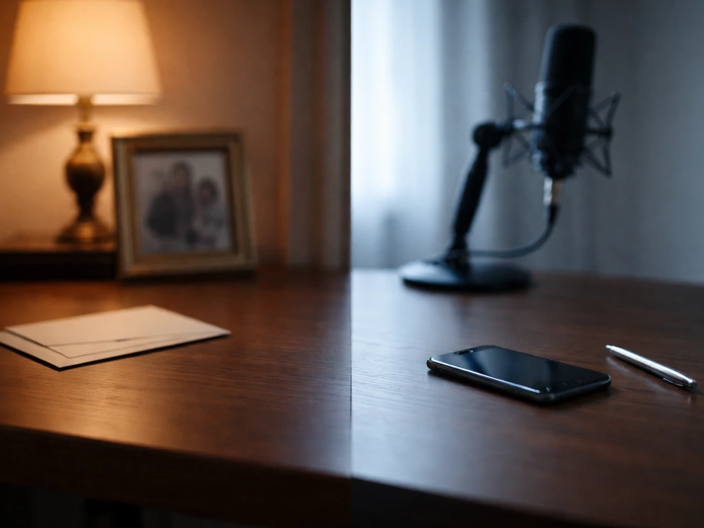 Minimal photo of an elegant office desk with a closed leather notebook, cash, and a studio microphone.