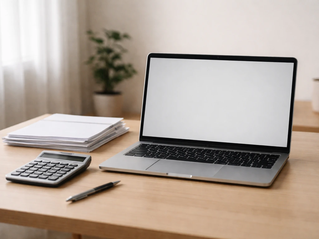Minimal studio scene showing a laptop and financial papers beside a cup of coffee, symbolizing net worth estimation.