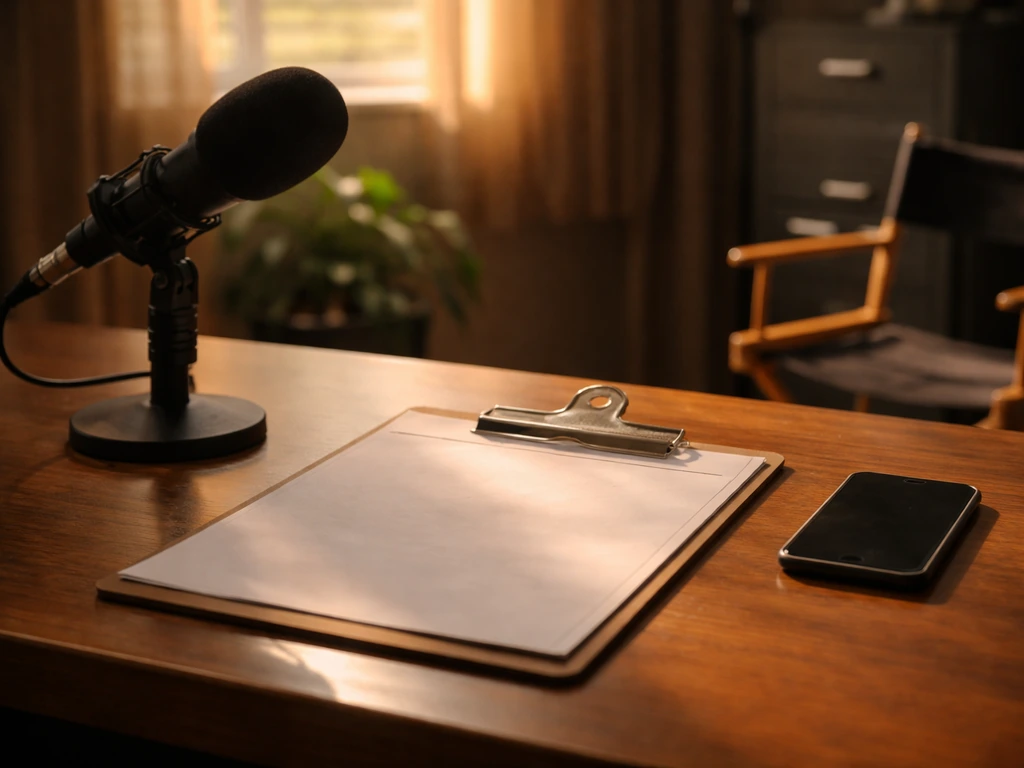 Minimal film-studio desk scene with microphone and phone, symbolizing an actress identity profile check