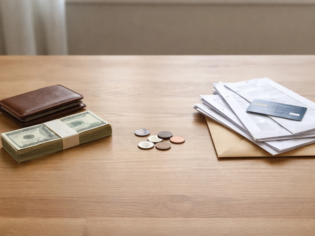 Simple photo showing assets versus liabilities with objects representing money and debts, illustrating varying net worth
