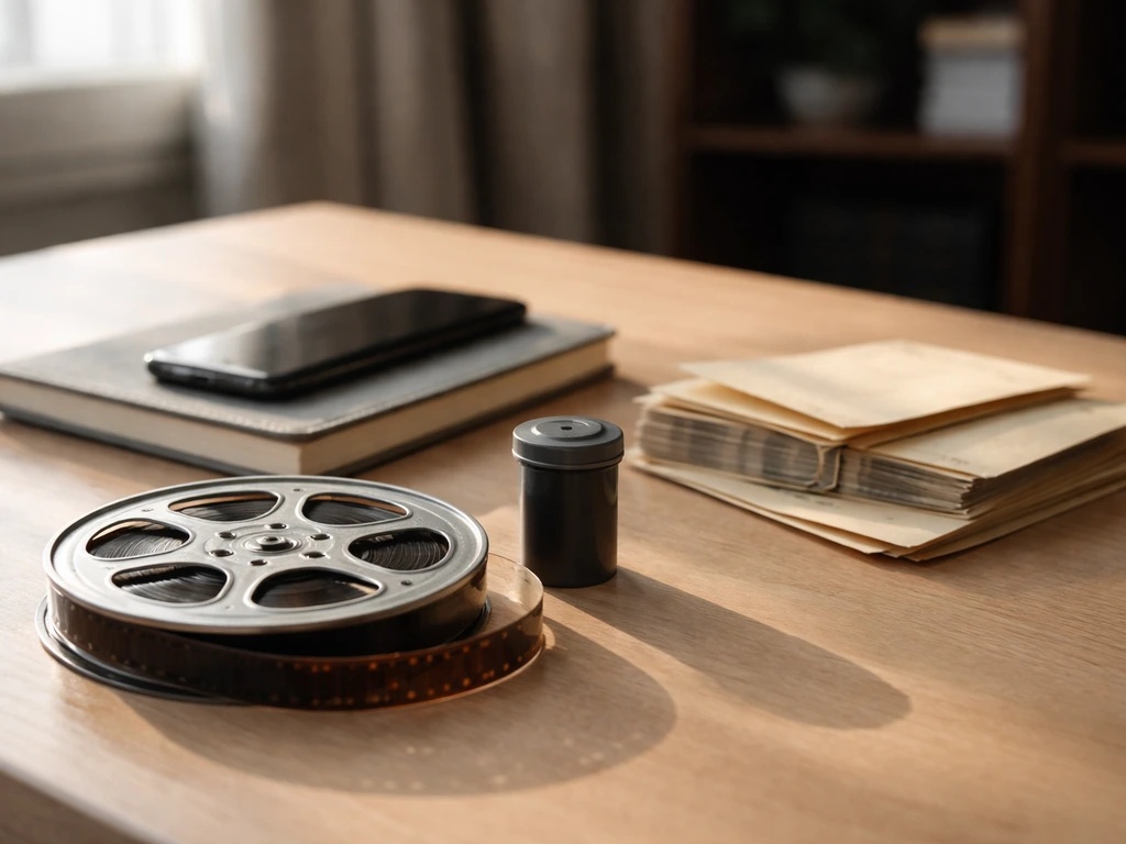 Minimal office desk scene with vintage film reel, camera, and cash-like envelopes symbolizing career milestones