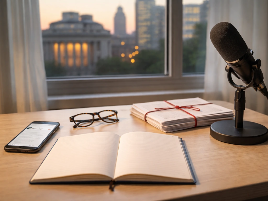 Tidy desk with notebook, phone, documents, and microphone symbolizing verifying and updating net worth sources.
