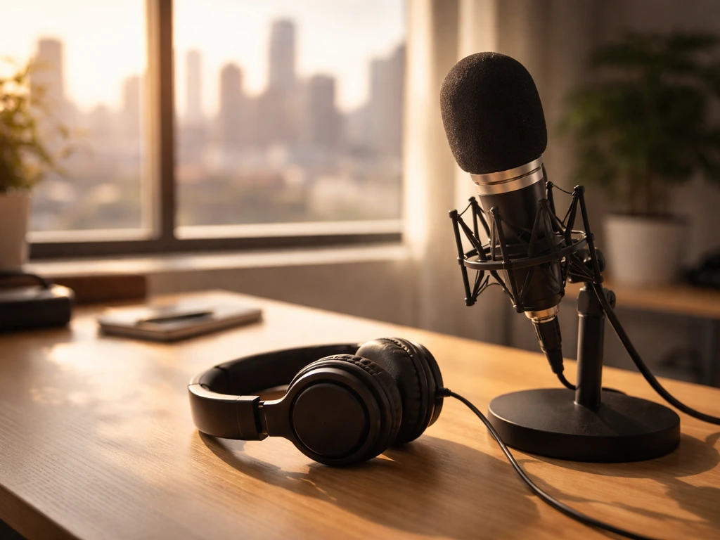 Minimal photo of a media studio desk with microphone and blurred city lights, symbolizing actor-family public profiles