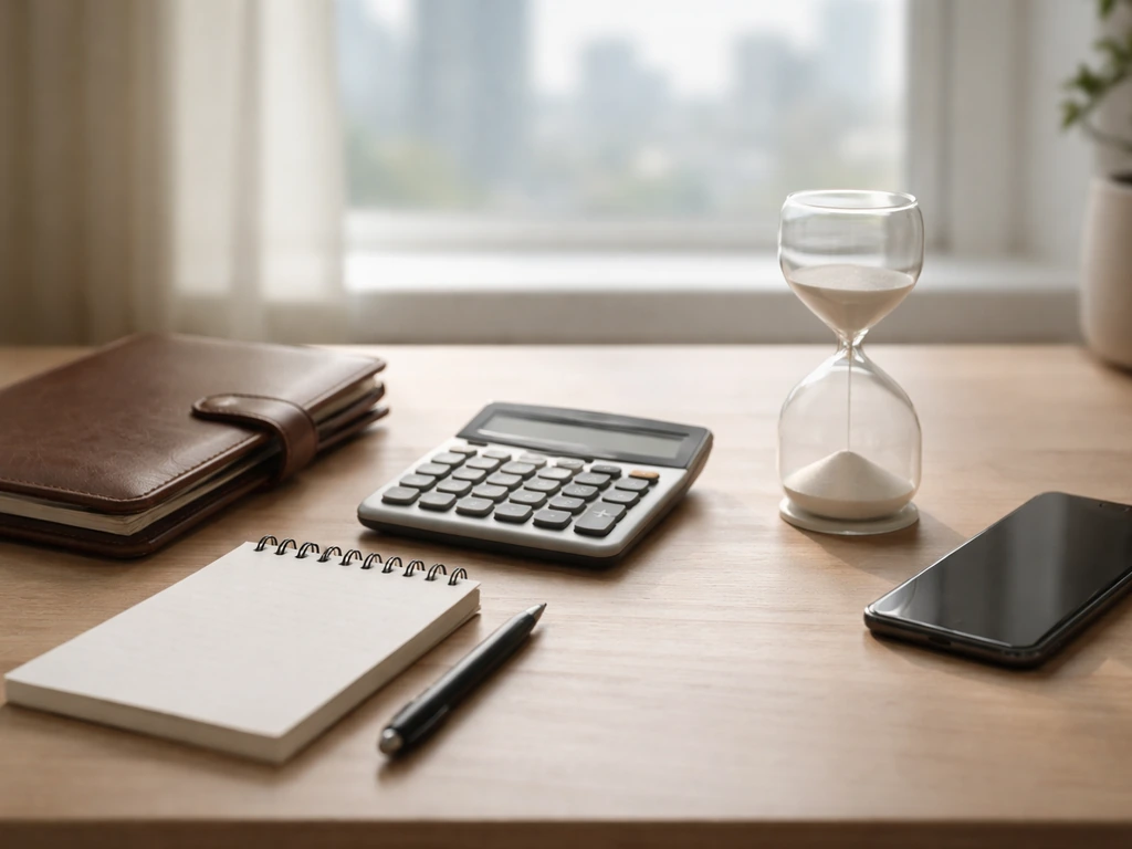 Minimal desk scene with a notebook and calculator, symbolizing uncertain financial milestones over time