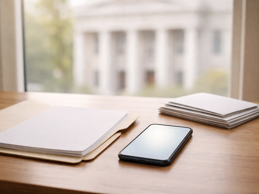 Minimal desk scene with documents and a smartphone beside a courthouse-style building view