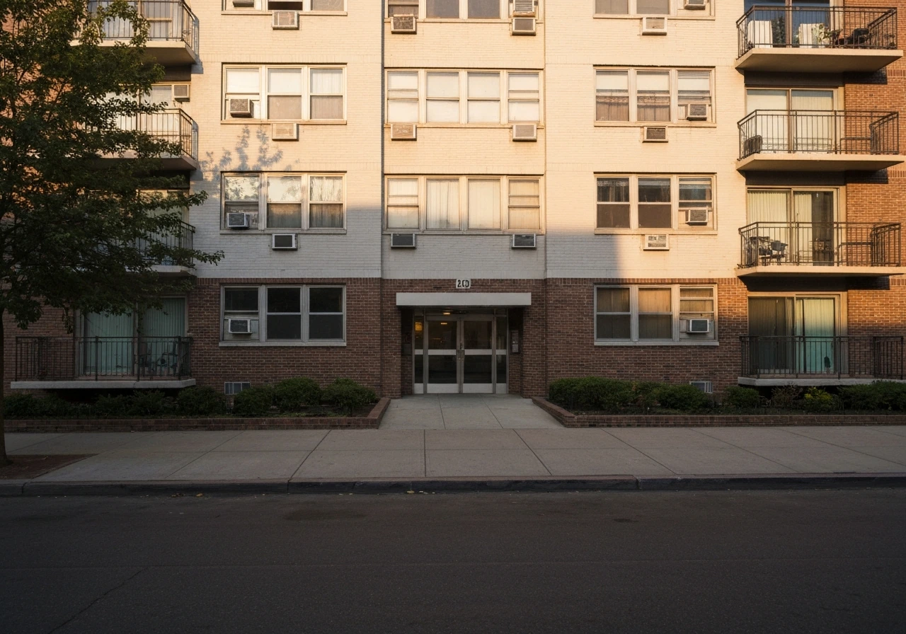 Street-level photo of a Queens apartment building symbolizing a real-estate company net worth estimate.