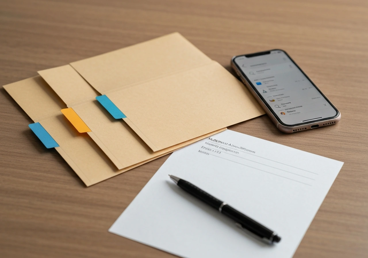 Minimal desk scene showing three folders and a smartphone with blurred business cards for identifying the right Zara Rea