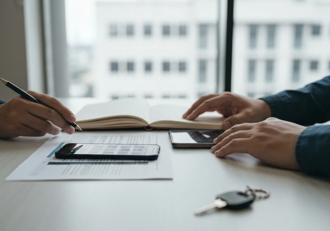 Minimal photo of a real-estate analyst desk with scattered documents and a smartphone showing blurred property listings