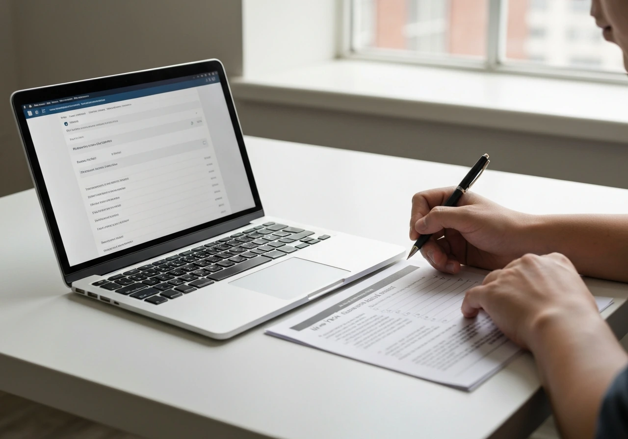 Anonymous hands cross-check a NY corporate registry record on a laptop and paper with a pen.