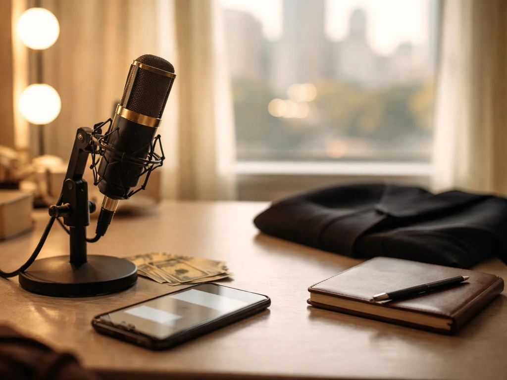 Minimal studio desk with microphone and phone, warm natural light, city bokeh background for a net-worth article.