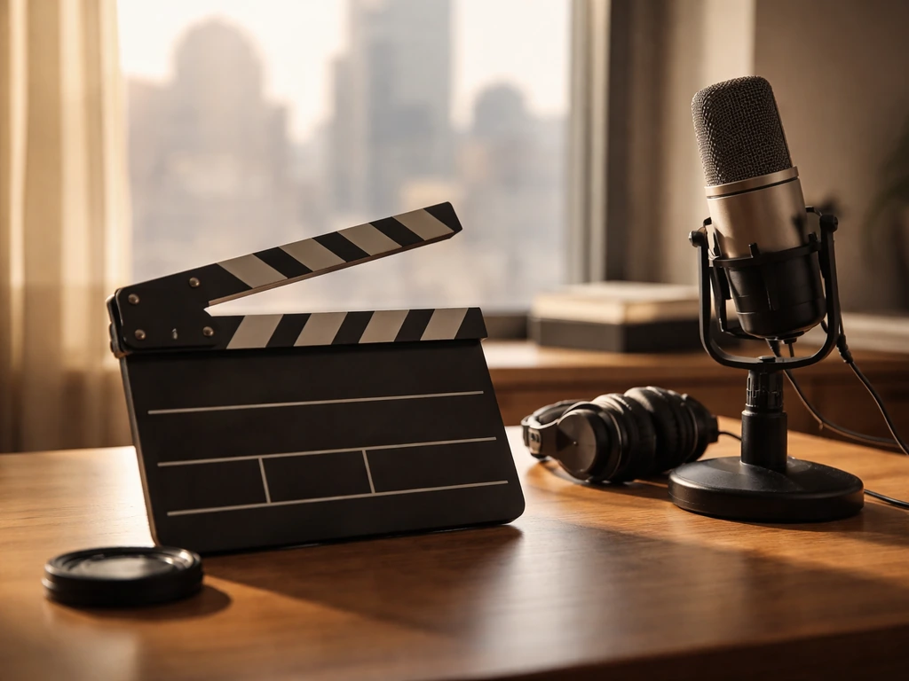 Empty film set desk with clapperboard and studio microphone, warm natural light through a window.