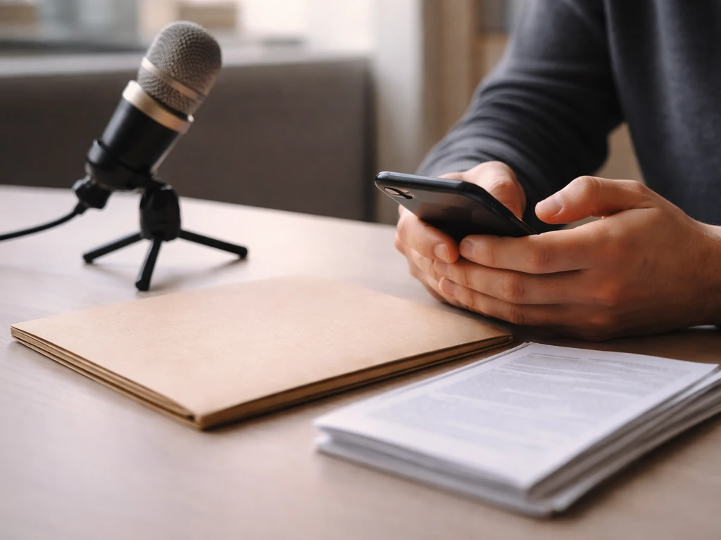 Hand holding a smartphone above a desk with an anonymous contract folder and studio mic, symbolizing estimate inputs.