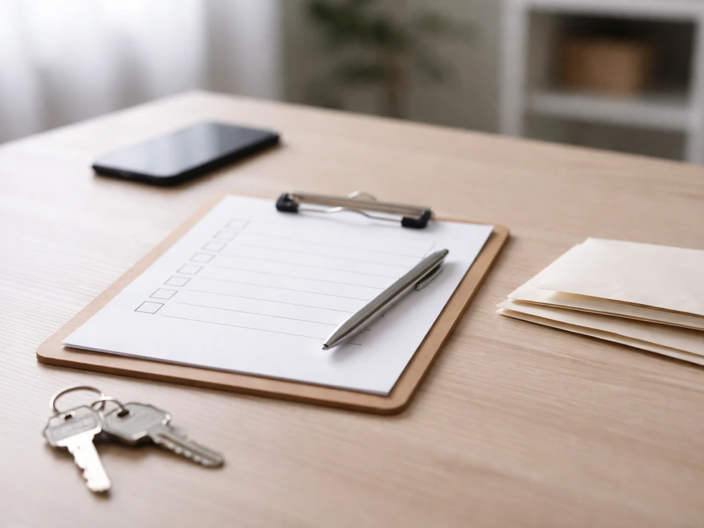 Minimal photo of an anonymous checklist on a clipboard beside keys and a phone, symbolizing assets and income signals.