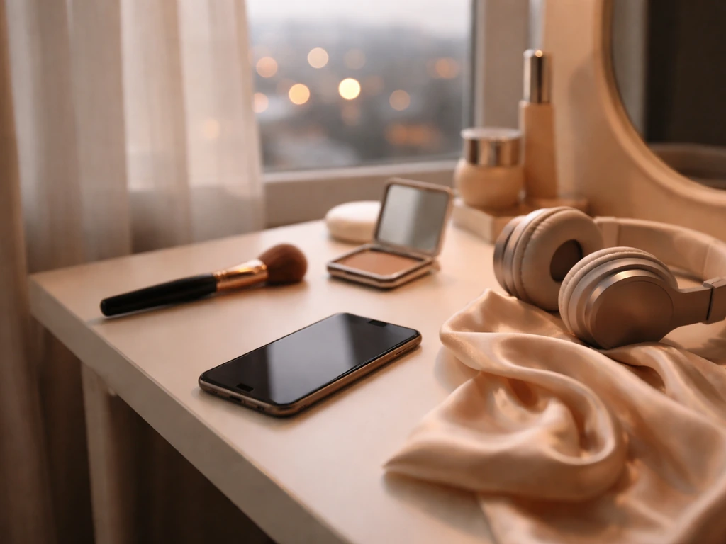 Minimal lifestyle photo of a fashion influencer-style studio desk with phone, glam items, and soft city light