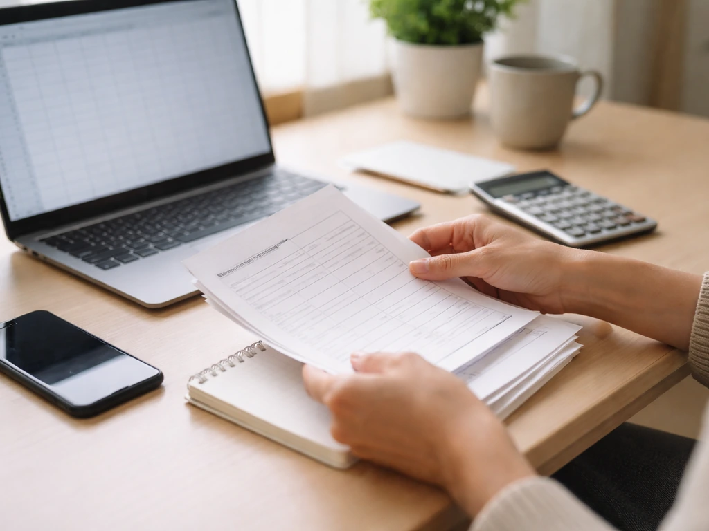 Person at a desk organizing creator booking inputs for a net-worth estimate using a laptop