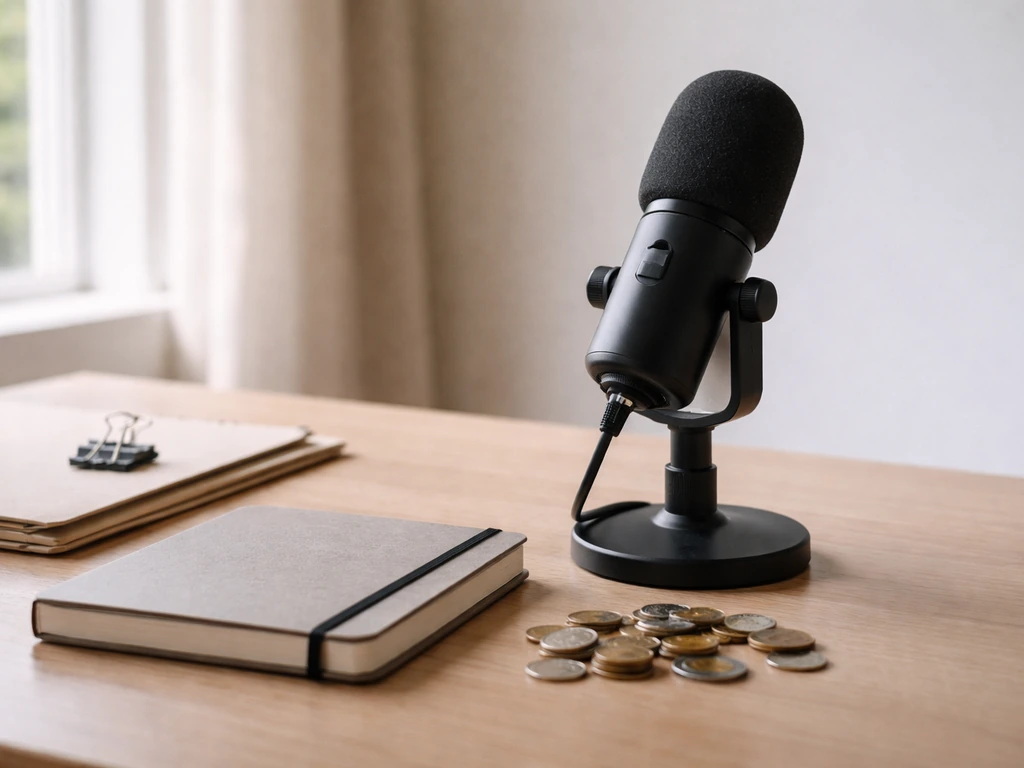 Minimal photo of a studio workspace with microphone, notebook, and a few coins symbolizing media income and assets