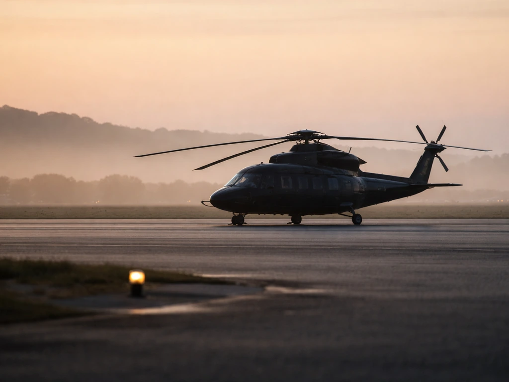Helicopter on a quiet tarmac at dawn, atmospheric aviation setting linked to financial searches.