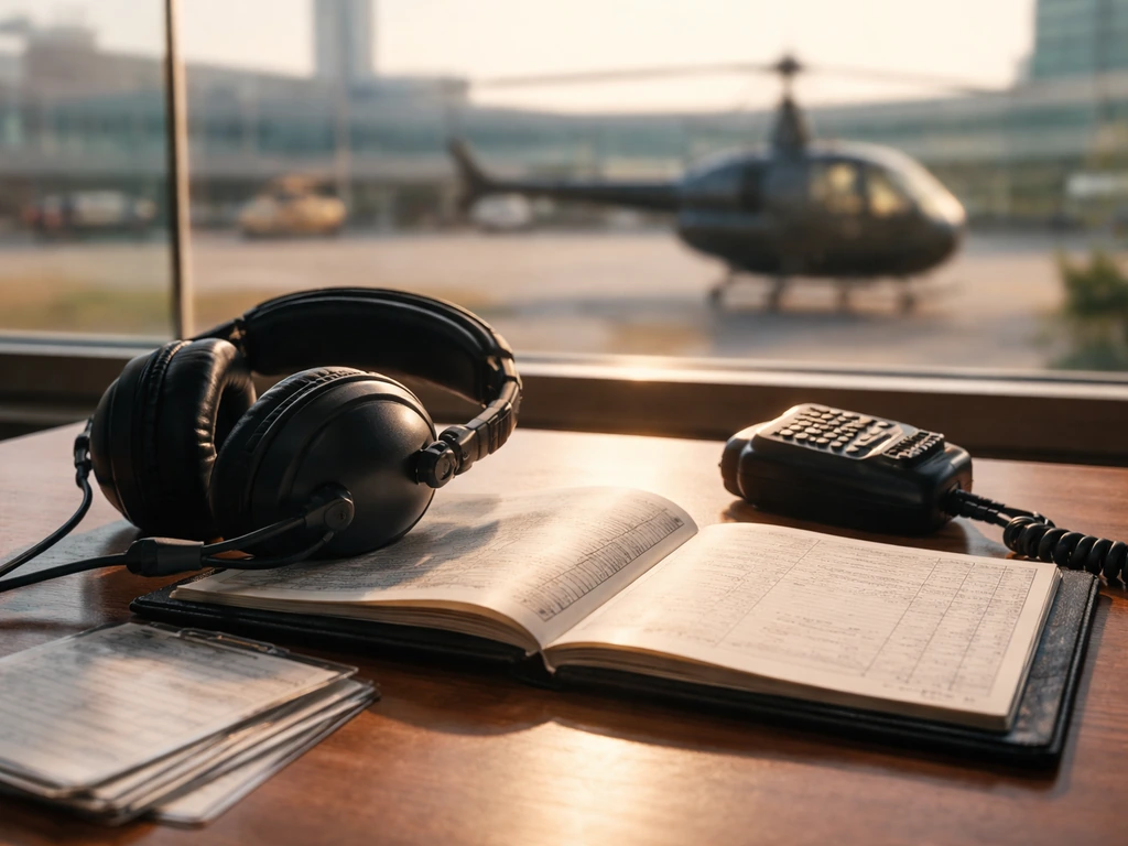 Aviation headset and flight logbook on a desk with a blurred LA airport and distant helicopter outside.