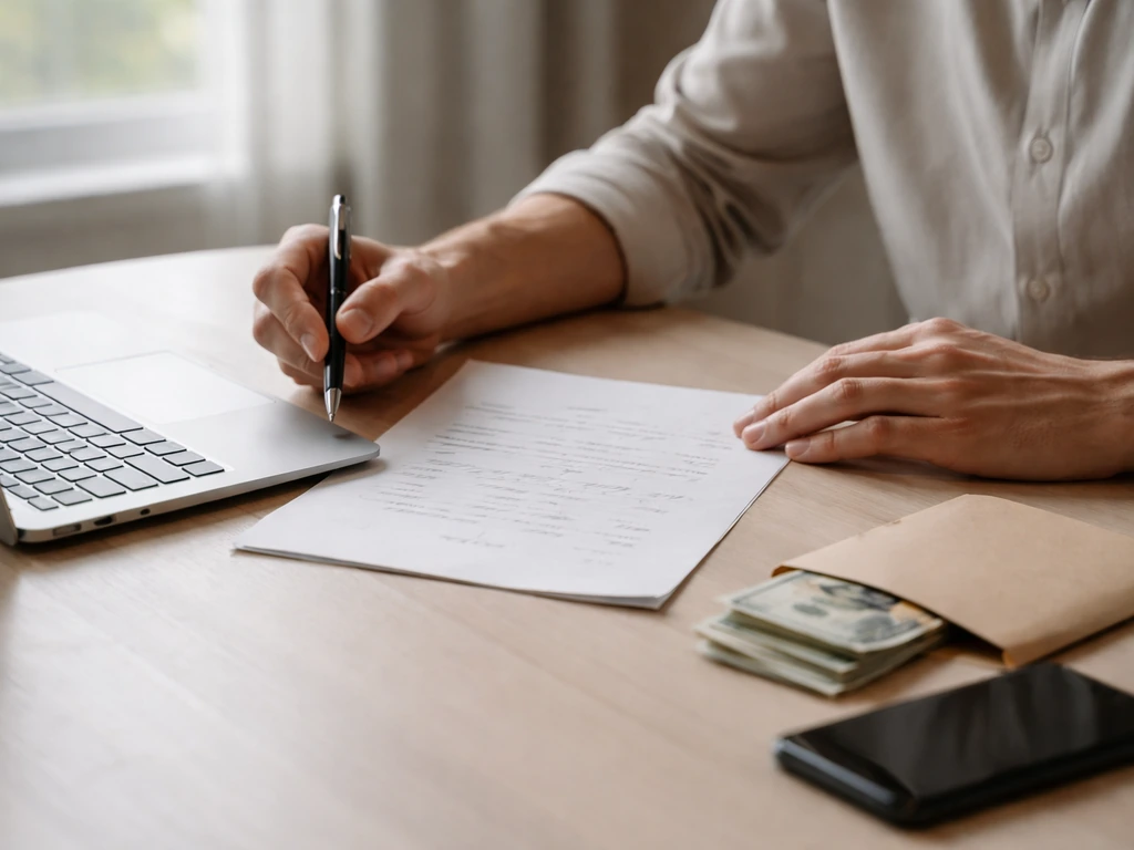 Person reviewing business documents with a laptop and coffee near a cash envelope and blurred financial notes