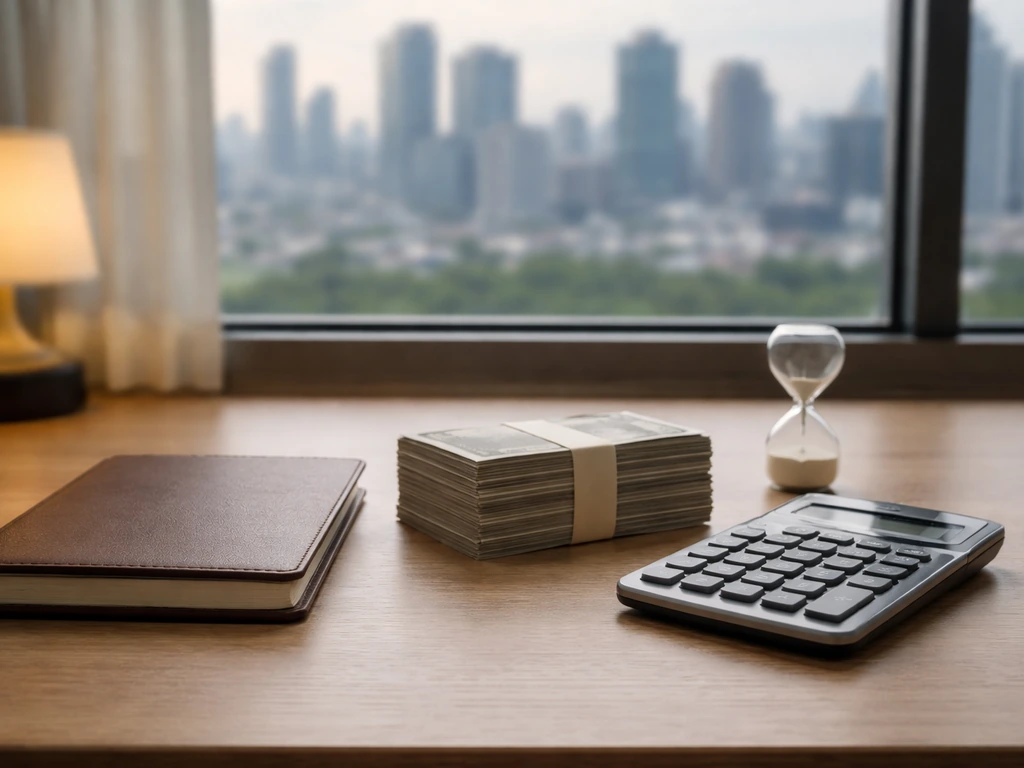 Minimal desk scene with calculator, notebook, cash-like bills, and blurred city view symbolizing net worth estimates.