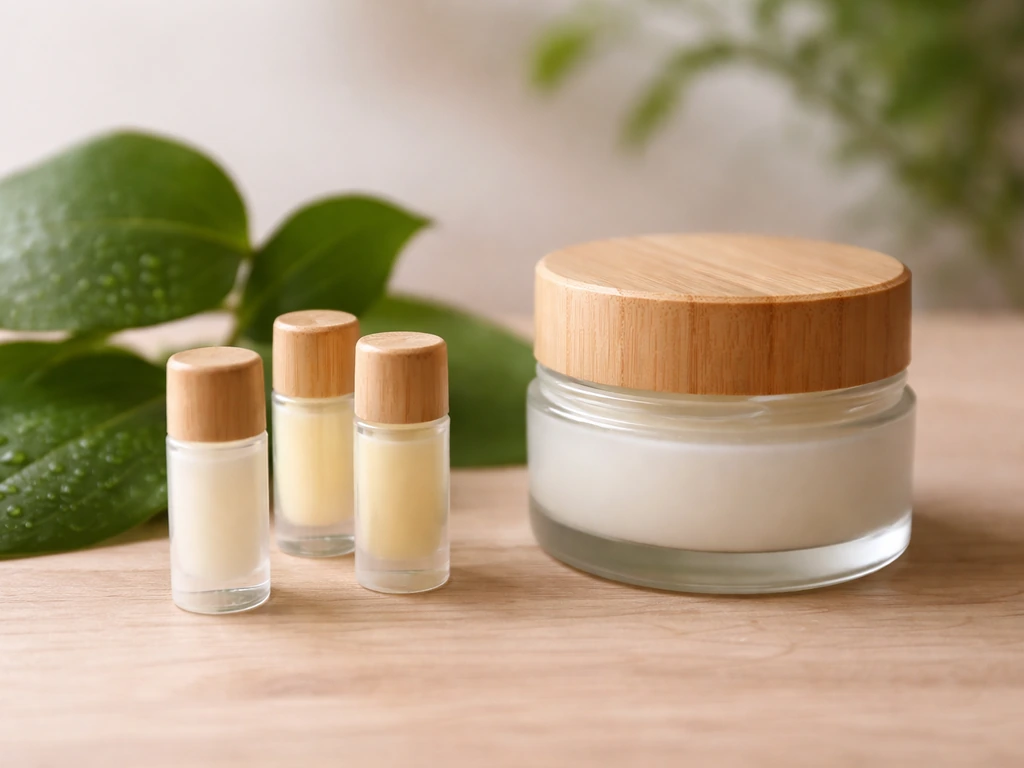 Close-up of natural plant-based skincare lip balms and a jar with fresh green leaves on wood.