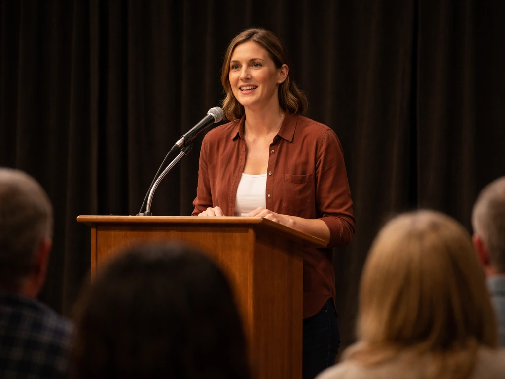 Anonymous speaker at a small podium addressing a softly lit audience at a community event.