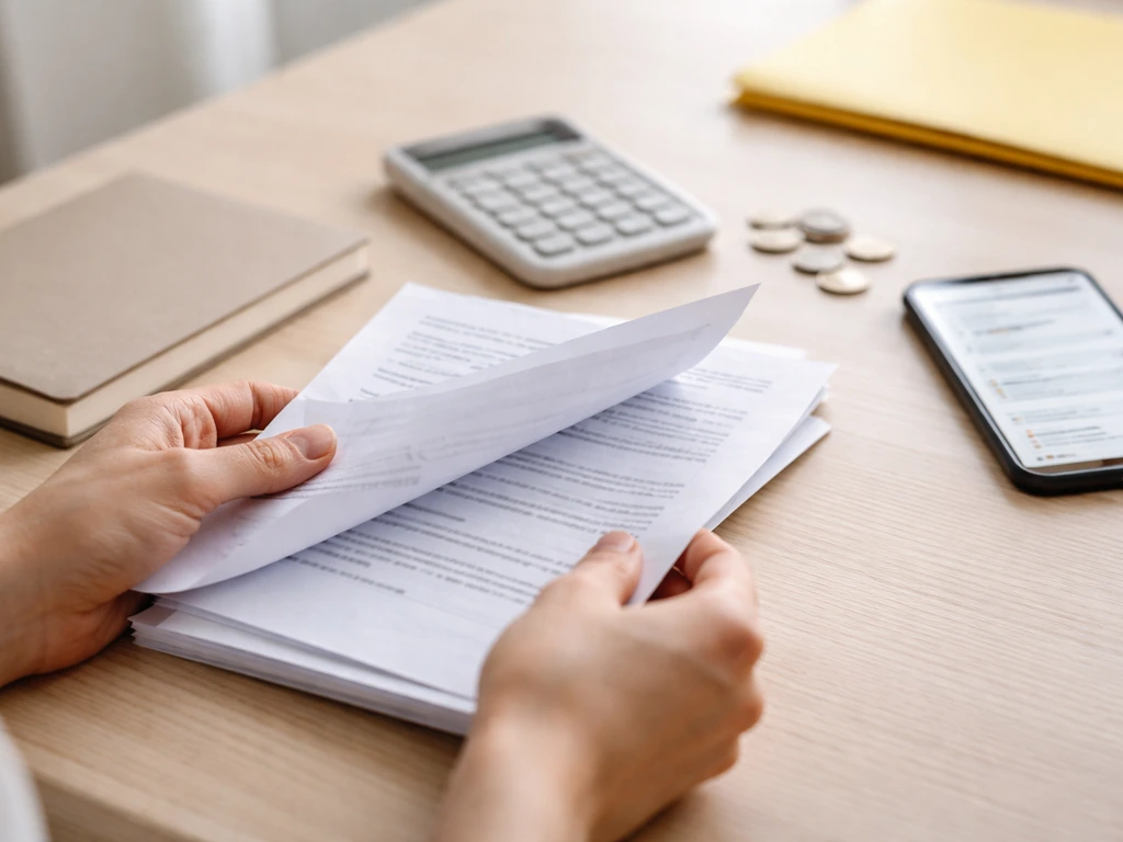 Minimal desk scene with printed documents, a calculator, and a phone showing a search results page concept.