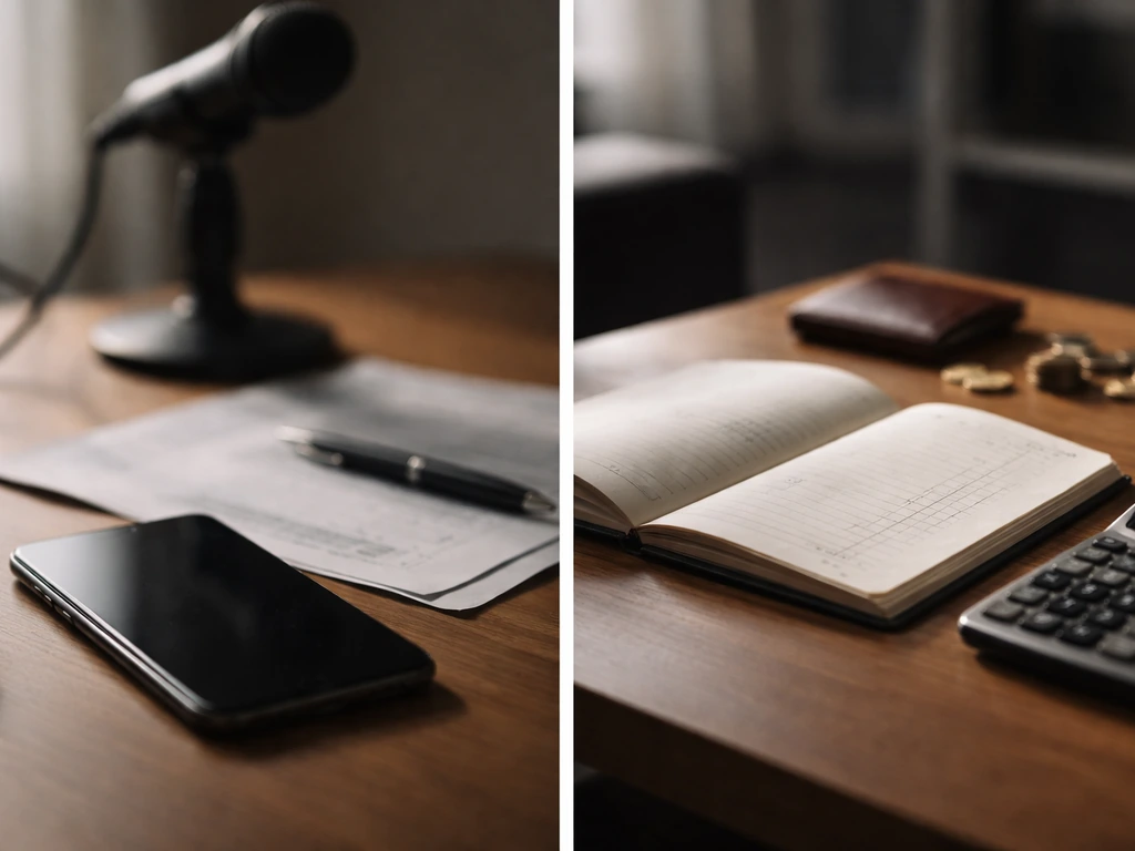 Split-screen of an anonymous desk scene with a phone and financial papers, symbolizing net-worth estimation
