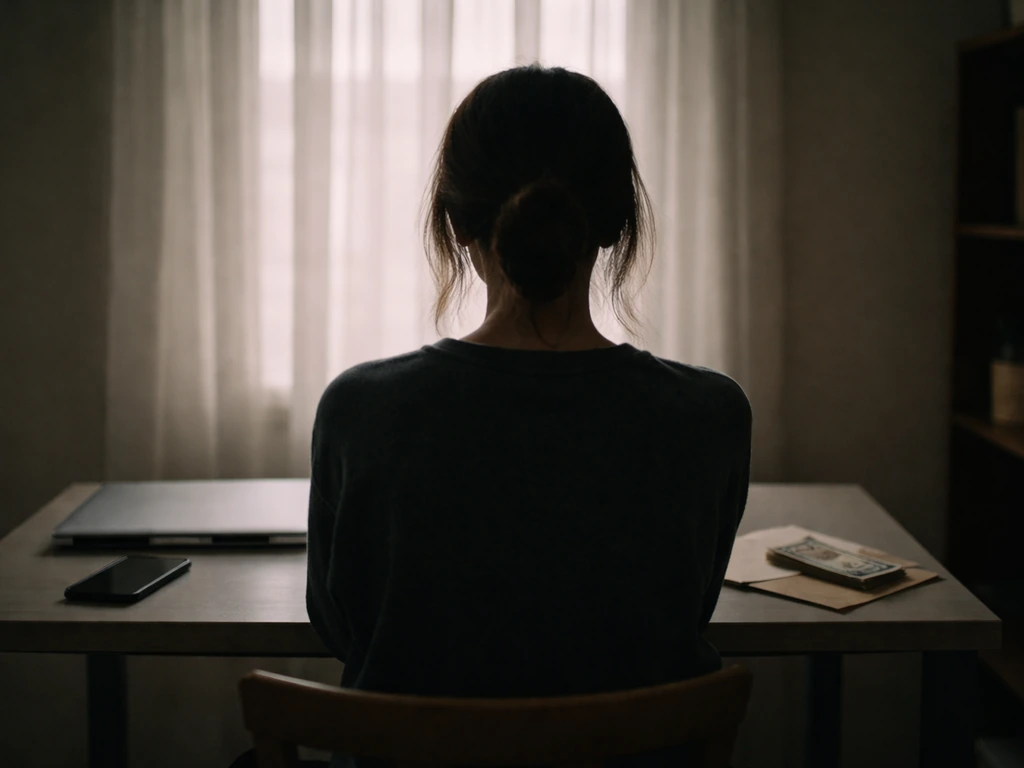 Anonymous silhouette at a minimal desk with phone and cash envelope, moody documentary-style lighting