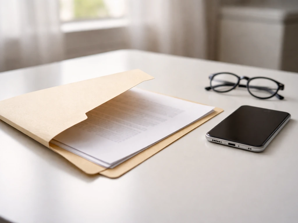 Open folder with generic paperwork on a desk, with phone and glasses, symbolizing verifiable public records